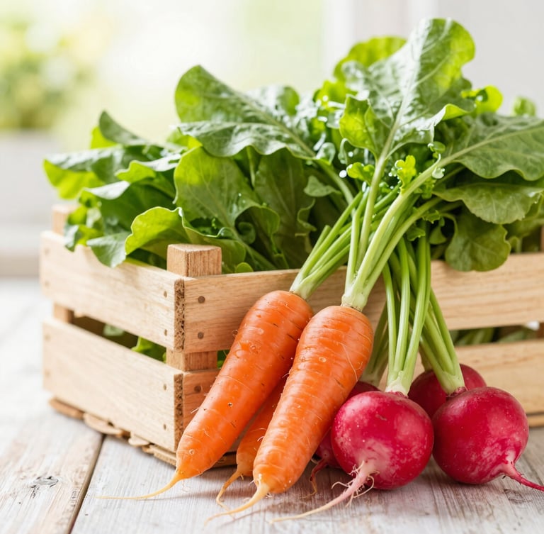 A bright, sunlit wooden crate overflowing with freshly harvested leafy greens, bright orange carrots, and ripe red radishes on a rustic table, soft morning daylight, shallow depth of field.