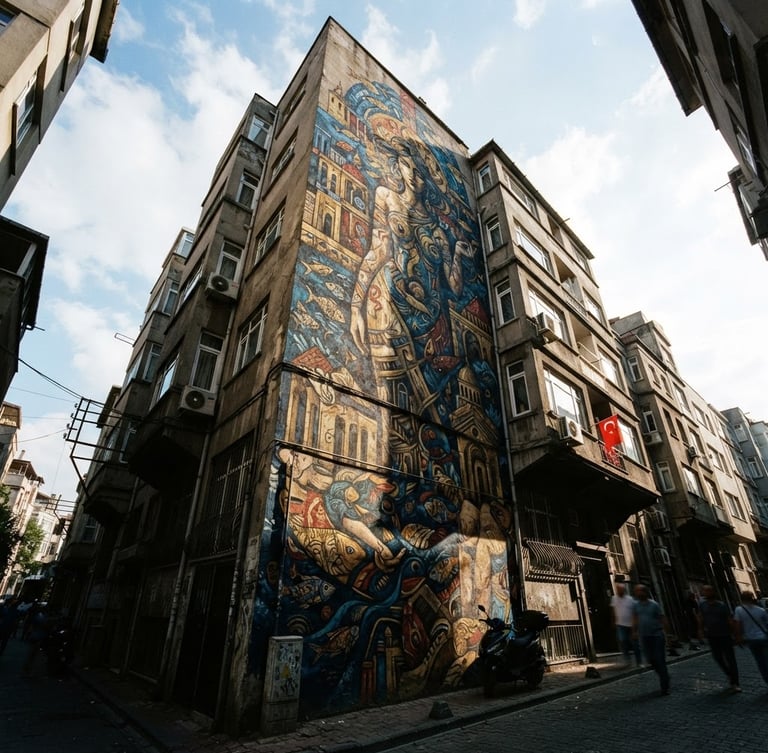 Low-angle looking up at a massive hand-painted mural on a 10-story concrete building in Istanbul, dramatic daylight casting high-contrast shadows, architectural texture, wide-angle 35mm photography.