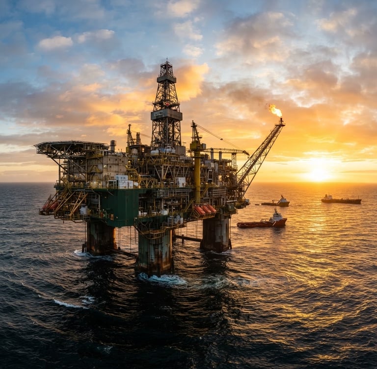 Wide environmental shot of a massive offshore oil platform at dawn, deep forest green and steel tones, dramatic golden-hour light, cinematic depth of field.