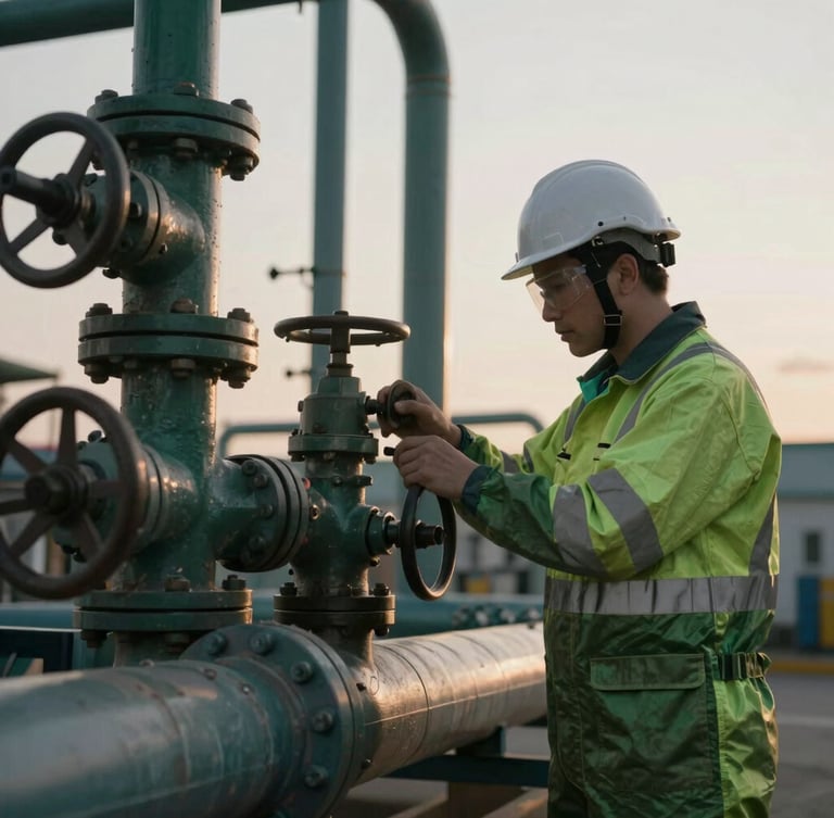 Close-up of a technical engineer in high-visibility PPE adjusting valves on an industrial pipeline, crisp overcast daylight, cinematic depth of field.