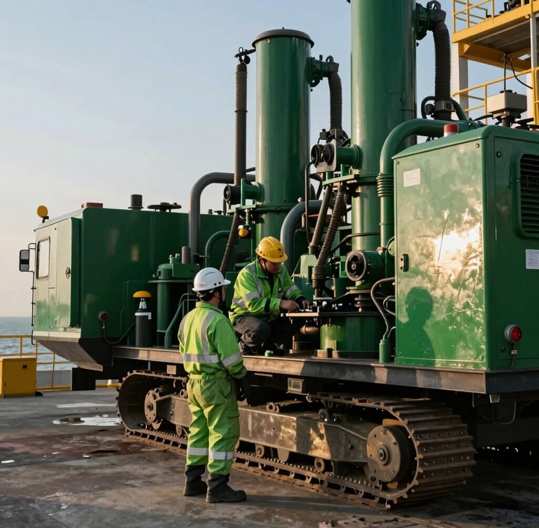 Technical crew in high-visibility green PPE inspecting heavy machinery on an onshore industrial site, bright daylight, crisp details.