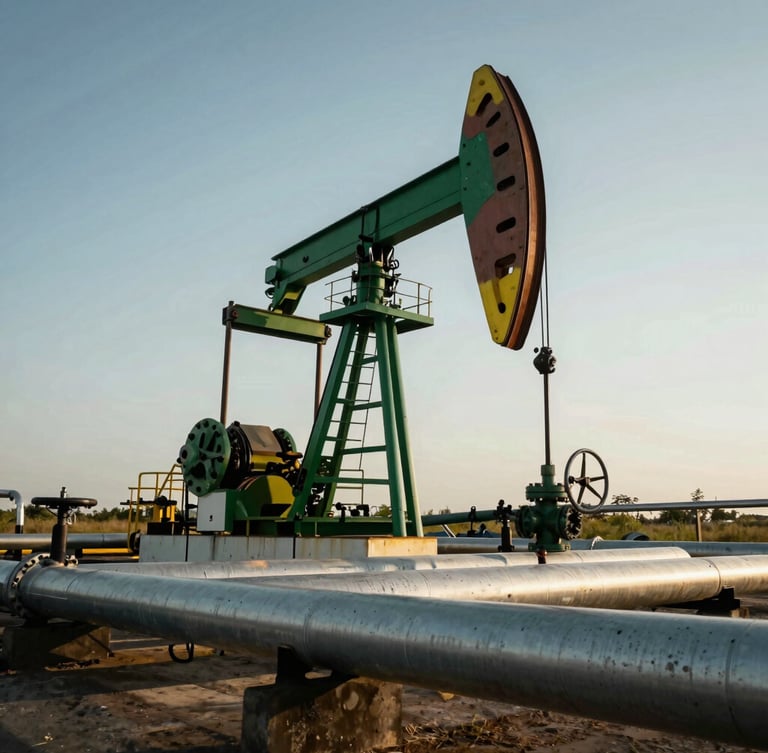 Low-angle heroic shot of an onshore oil pipeline facility, technical steel pipes, clean daylight, forest green accents