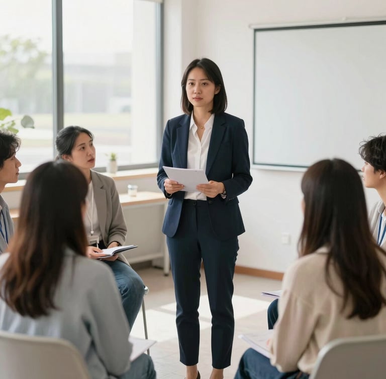 Bright editorial photograph, natural daylight, a professional female social worker leading an interactive community workshop in a well-lit modern center, 35mm