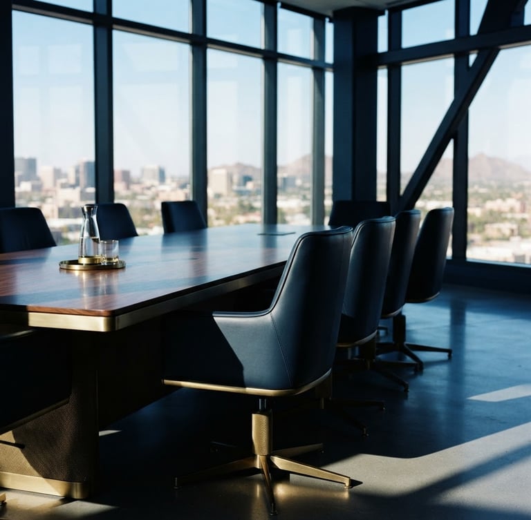 Sharp architectural crop of an empty high-end boardroom in Phoenix, cool morning light cutting through glass windows, deep navy shadows, high-contrast, 35mm