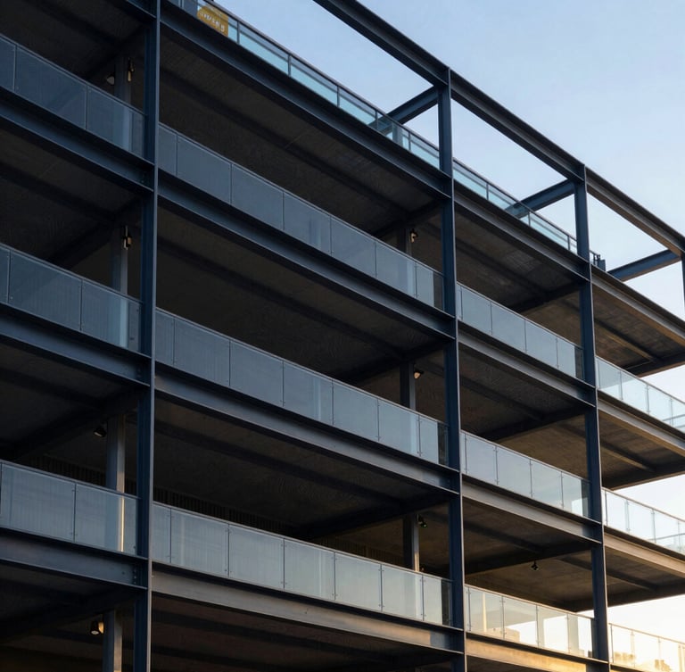 Sharp architectural photography of modern steel-and-glass structure in Phoenix, cool morning light, high-contrast shadows, clean structural lines, 35mm