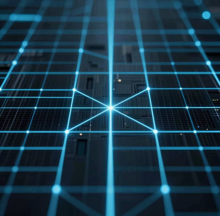Symmetrical macro close-up of a structured digital network grid, glowing blue data lines cutting through a dark technical environment, high contrast, minimalist, clean, 3:4 aspect ratio