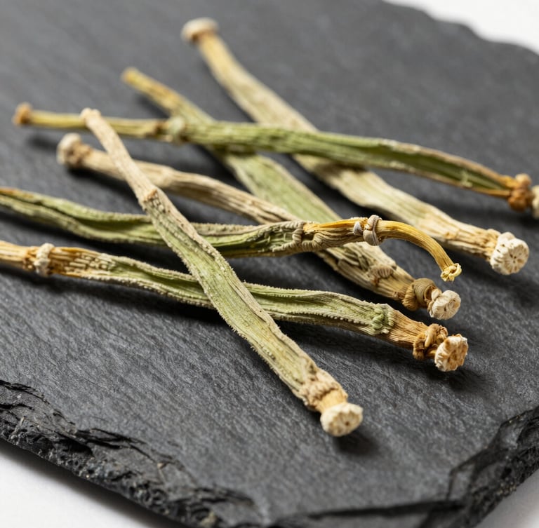 Macro details of dried organic Ashwagandha roots on a clean, dark slate surface, bright natural daylight, sharp focus on botanical textures, 35mm