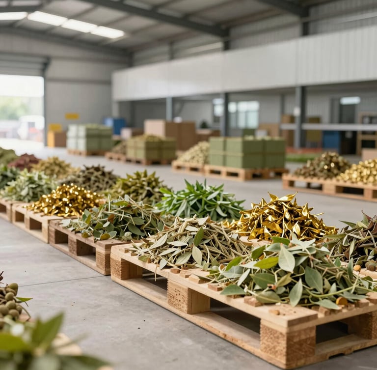Wide-angle premium commercial photograph of a clean, modern warehouse in India, organized pallets of botanical ingredients under bright natural daylight