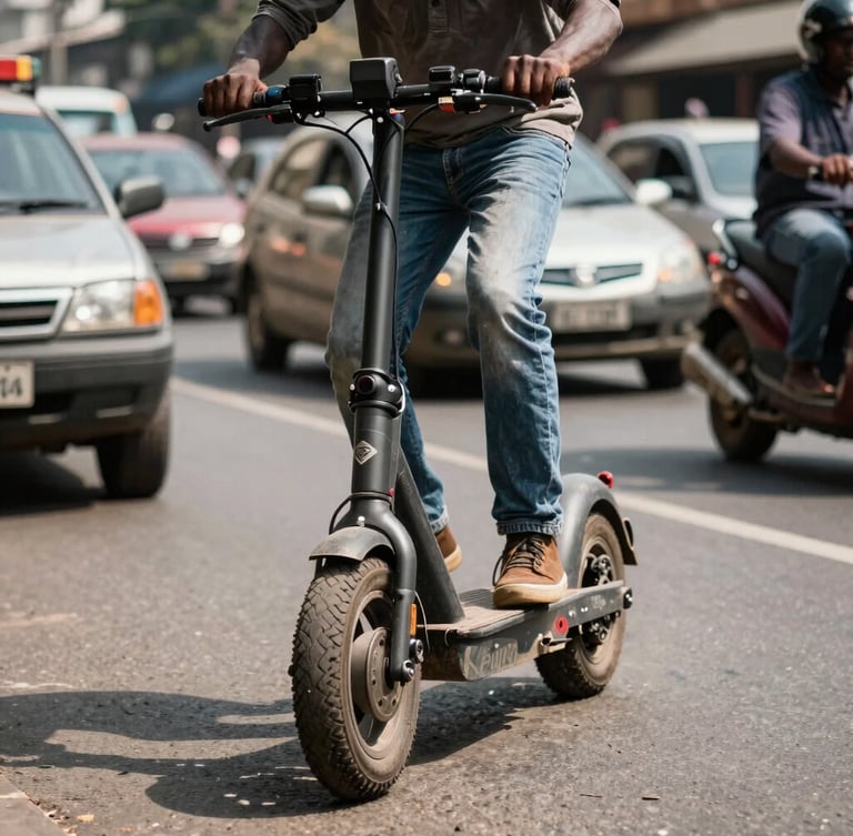 Dynamic low-angle shot of a Kenwing electric scooter navigating high-contrast Nairobi street traffic, bright equatorial daylight, focusing on the rugged front suspension and real Kenyan rider.