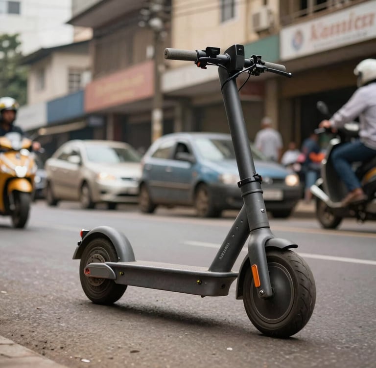 Low-angle tracking shot of a Kenwing electric scooter navigating a bustling Nairobi street in bright daylight, showcasing its rugged suspension.