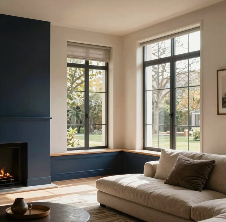 Warm architectural photography of a beautifully renovated mid-century modern living room, soft natural daylight streaming through large steel-framed windows, elegant beige and navy interior accents, 35mm lens
