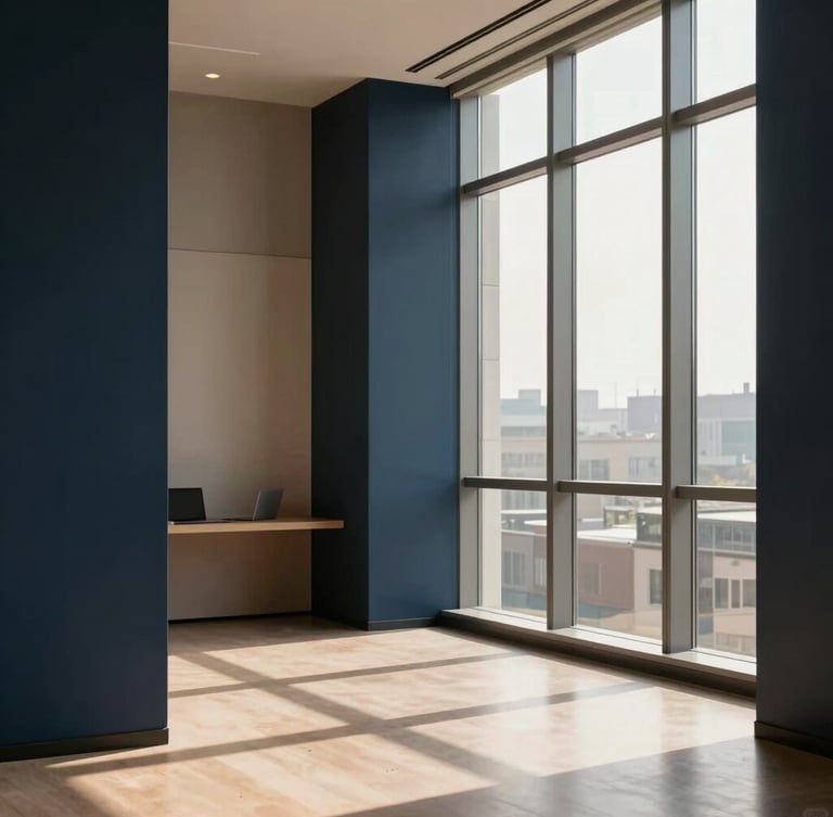 Warm editorial photography of a modern minimalist office interior, soft morning light streaming through large steel-framed windows, deep navy accents, professional atmosphere, 35mm lens