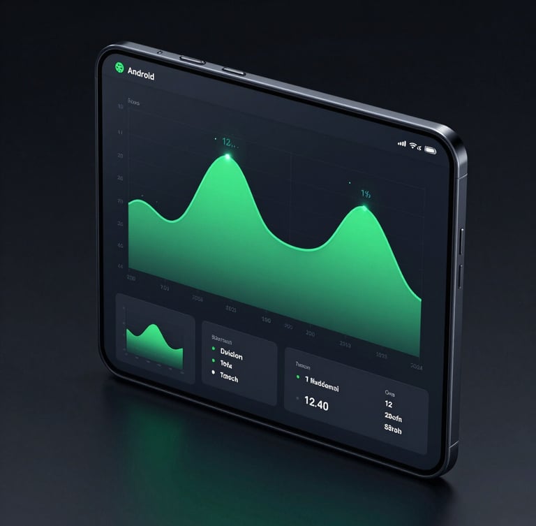 Isometric high-resolution mockup of a dark-mode Android system monitor app on a modern phone screen, vibrant green UI graphs casting subtle neon light, dark studio background.