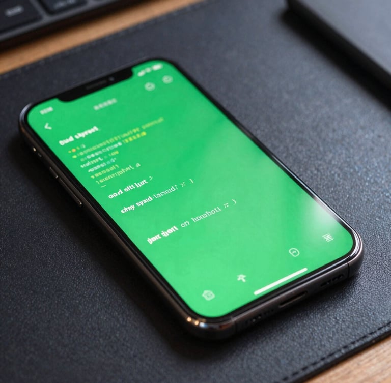Macro shot of a modern Android phone resting on a dark technical workbench, vibrant green screen displaying clean UI syntax and code execution metrics.