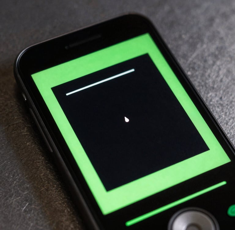 Macro studio shot of a mobile screen showing a minimalist neon-green arcade game interface, sharp vector lines, dark metallic background