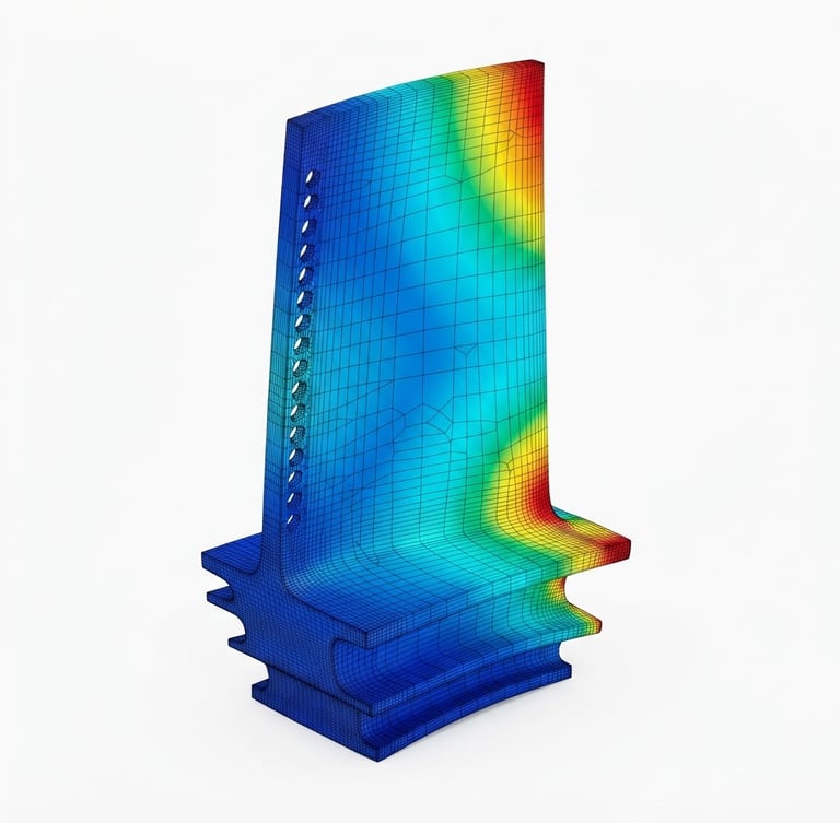 A high-precision 3D finite element analysis color plot of a turbine blade on a clean white background, bright studio lighting, sharp focus, technical schematic details.