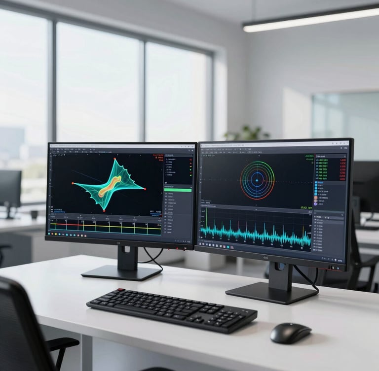 A clean modern engineering office with dual monitors displaying complex fluid dynamics simulations, bright daylight, cool tones, professional atmosphere.