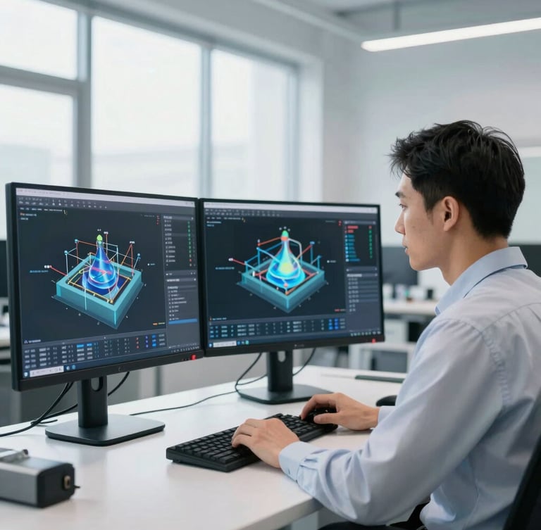 Medium shot of an industrial engineer analyzing a complex 3D fluid dynamics simulation on a dual-monitor workstation in a bright, modern, high-tech engineering office, clean daylight.