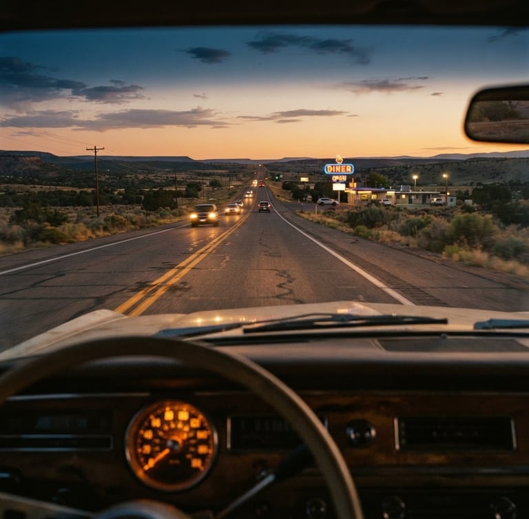 First-person driver perspective looking down a long two-lane highway at dusk, warm dashboard glow, neon diner sign flickering in the far distance, 35mm film style.
