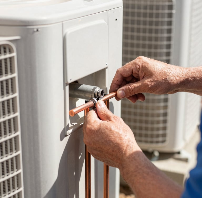 Close-up, authentic photograph of a technician's hands working on copper pipes of an outdoor AC condenser unit, tools neatly arranged, bright natural Colorado sunlight.
