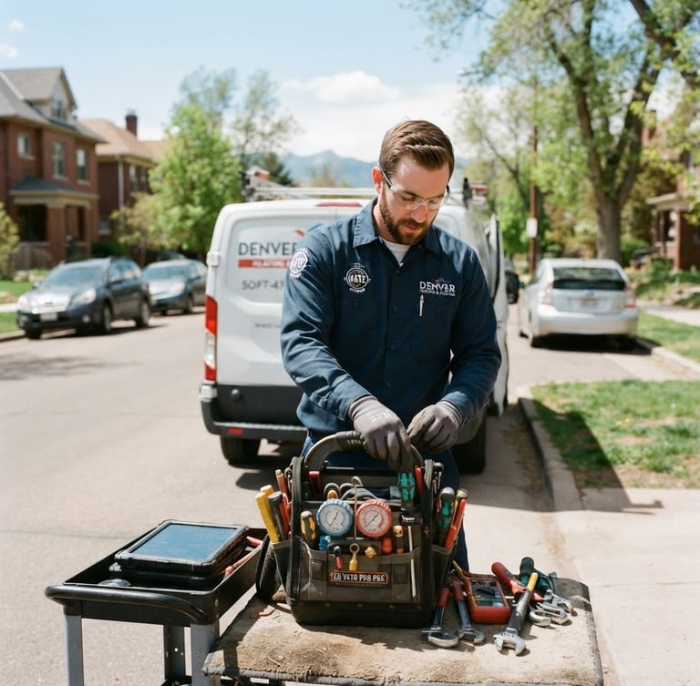 Authentic, medium shot of a NATE-certified technician in a clean uniform, preparing tools for a repair, with a Denver residential street in soft focus in the background, bright natural Colorado sunlight.