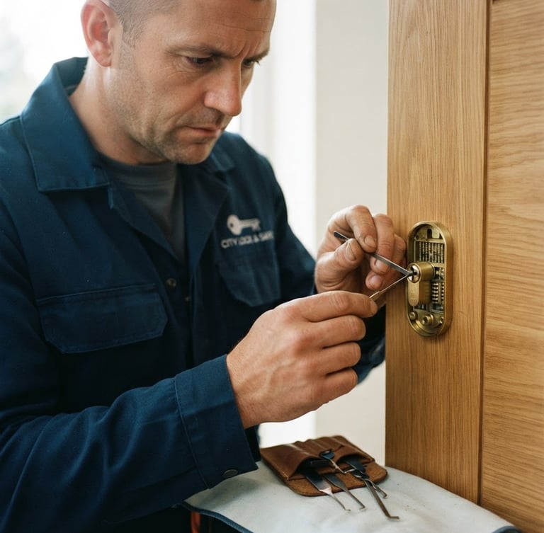 Close-up of a professional locksmith in clean dark workwear carefully repairing a high-security brass lock cylinder on a modern wooden door, warm natural light, 35mm