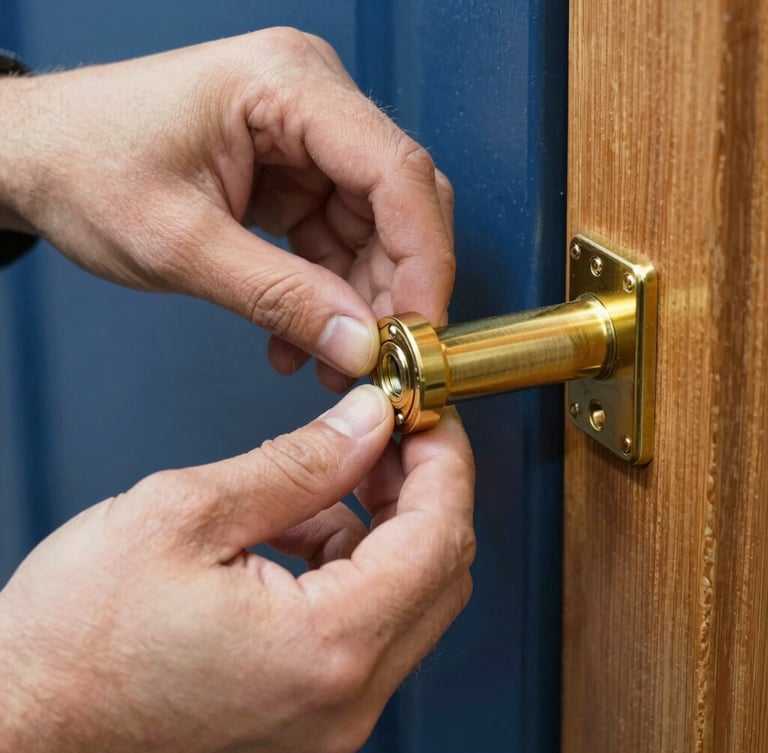 Close-up of hands carefully installing a high-security brass lock cylinder into a wooden door, natural daylight, professional locksmith photography, 35mm