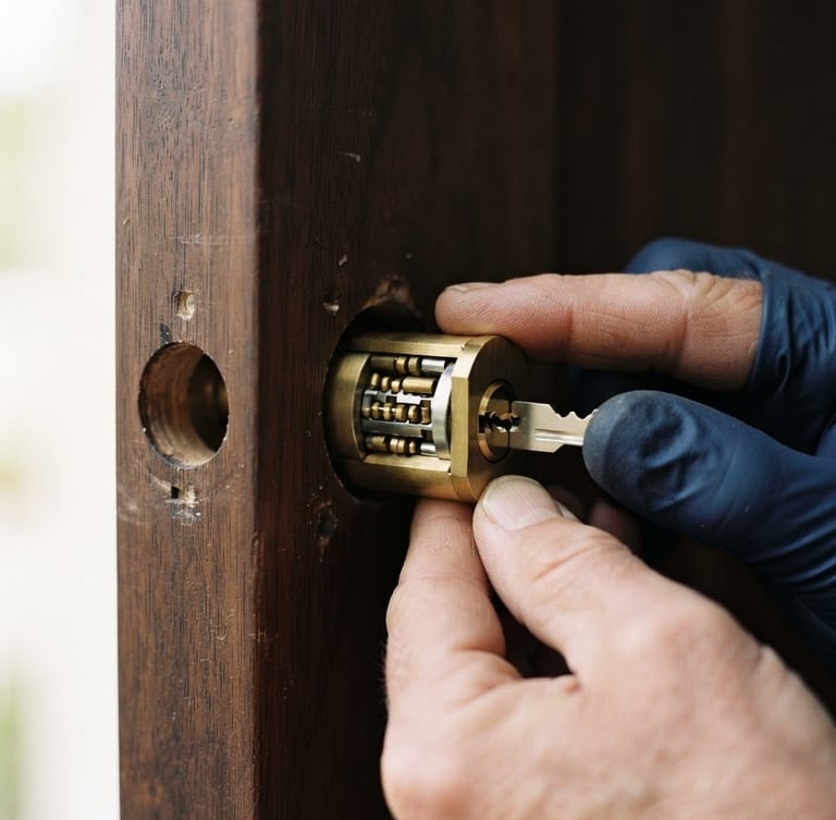 Close-up of a professional locksmith's hands installing a high-security brass lock cylinder into a dark wooden door, natural lighting, sharp focus on the metallic keyway, professional locksmith photography, 35mm
