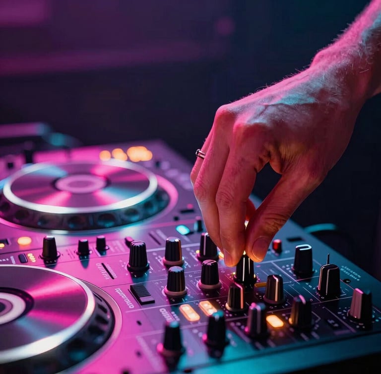 Vibrant close-up of a professional DJ hand adjusting a glowing mixer knob, colorful neon pink and turquoise stage lights reflecting on metallic surfaces, energetic atmosphere, sharp focus, 35mm.