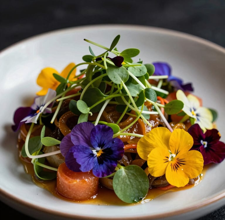 Vibrant close-up of a beautifully plated colorful modern dish, micro-greens, edible flowers, rich saturated colors, dramatic dark background, sharp focus, 35mm