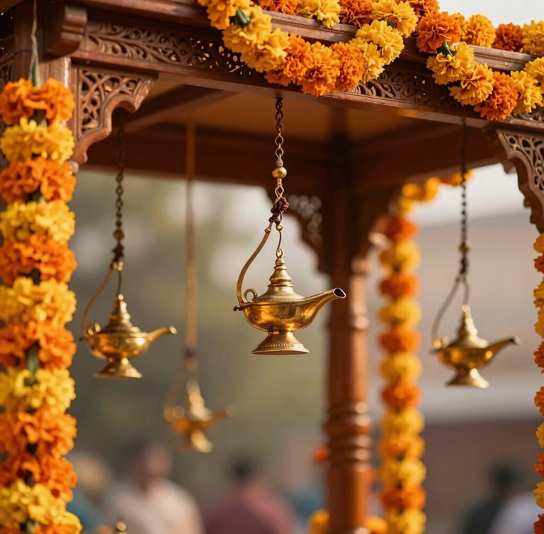 Close-up of intricate brass oil lamps and vibrant marigold garlands hanging from a carved wooden mandap, shallow depth of field, warm golden-hour light.