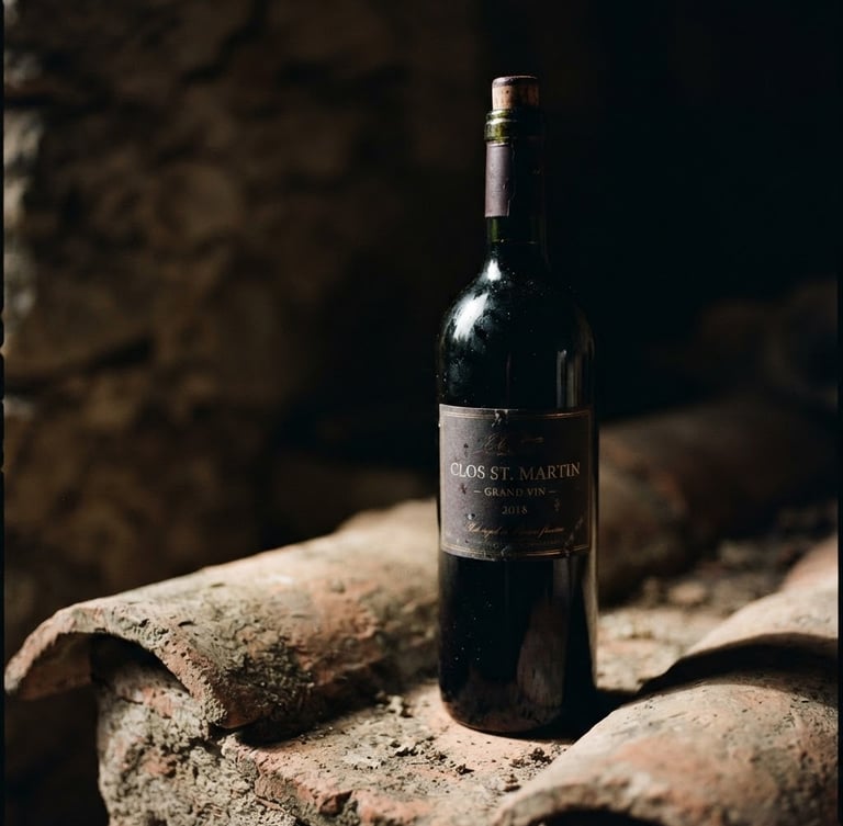 Moody editorial wine photography, a single deep red wine bottle casting rich shadows on sun-baked clay, dramatic chiaroscuro lighting, 35mm