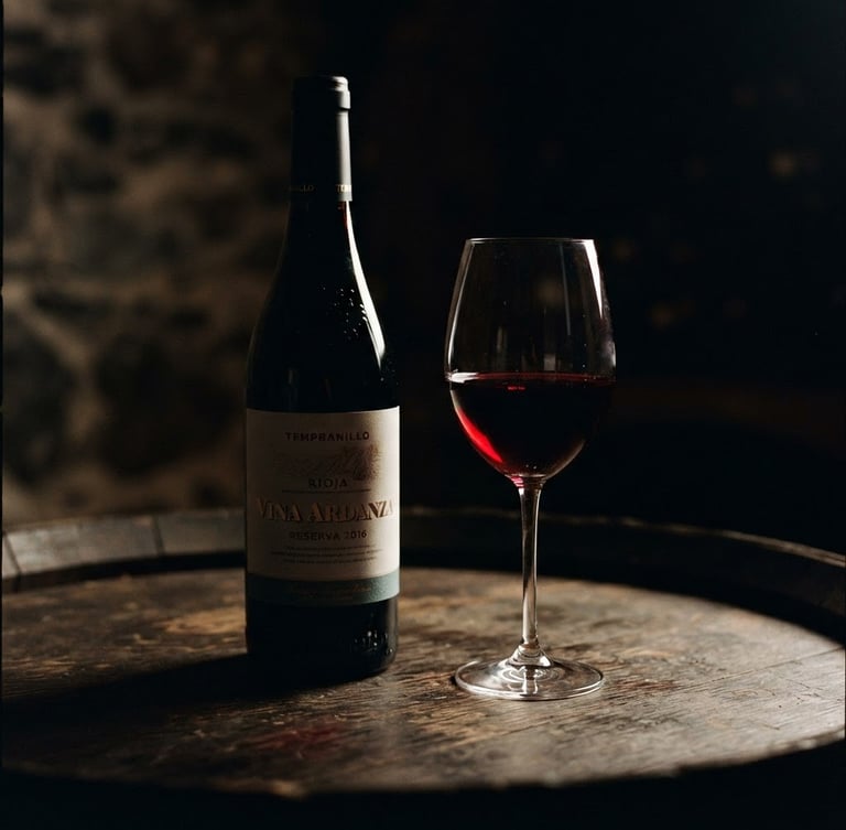 moody editorial wine photography, dramatic chiaroscuro lighting, deep burgundy and obsidian tones, shallow depth of field, 35mm. A single dark glass bottle of Tempranillo casting rich shadows on a dark wooden surface, warm side lighting highlighting the deep red liquid inside a nearby glass.