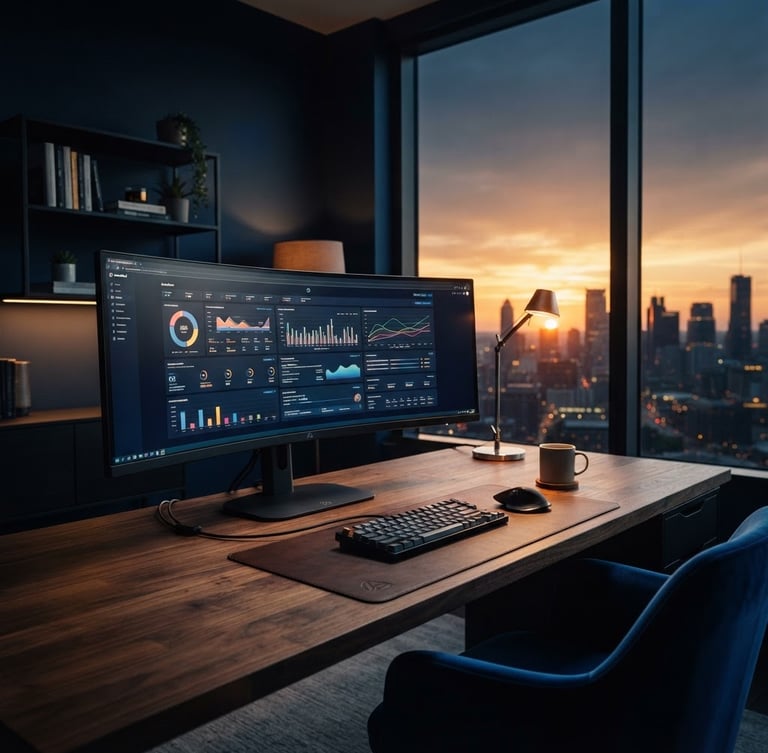 High-end, clean, modern workspace with a minimalist design, large monitor displaying analytics, subtle BrandBoat branding, dramatic studio lighting, deep navy and royal blue accents.
