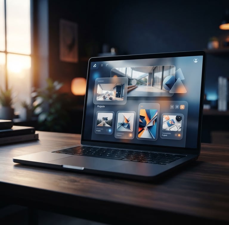 High-resolution mockup of a modern, clean website interface on a sleek laptop, glassmorphism elements visible, subtle blue and orange glows, dramatic studio lighting, deep navy background.