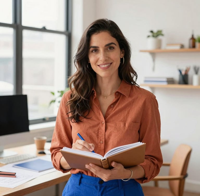 A warm professional portrait of a Latina graphic designer in a bright, sun-drenched Melbourne studio, terracotta and cobalt accents, holding a notebook, natural daylight, editorial style, 35mm lens.