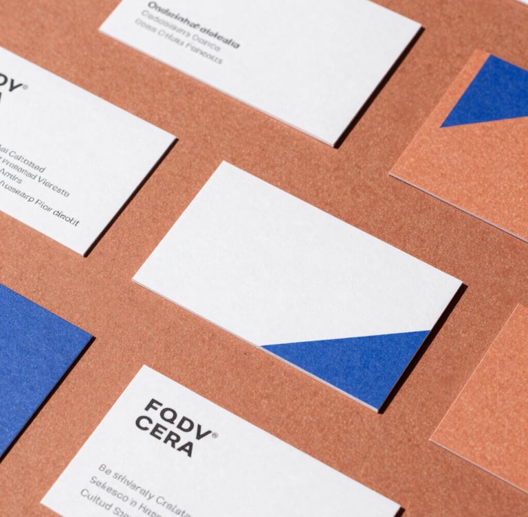 A flat-lay of modern printed brand collateral on textured terracotta paper, featuring clean geometric business cards and packaging under bright Melbourne daylight.