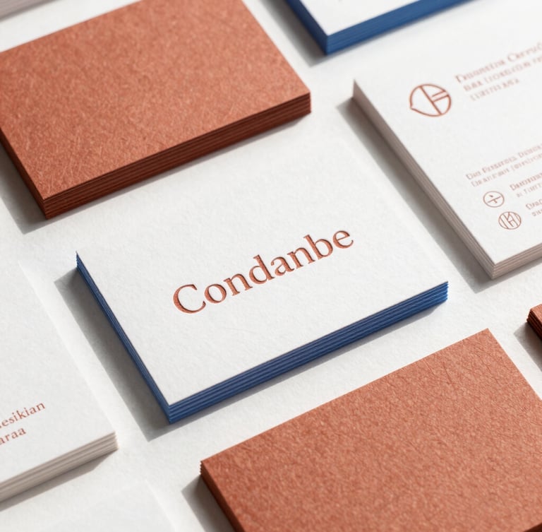 Flat-lay of tactile brand collateral, business cards with terracotta letterpress and cobalt blue details, natural daylight, crisp focus, 35mm lens.