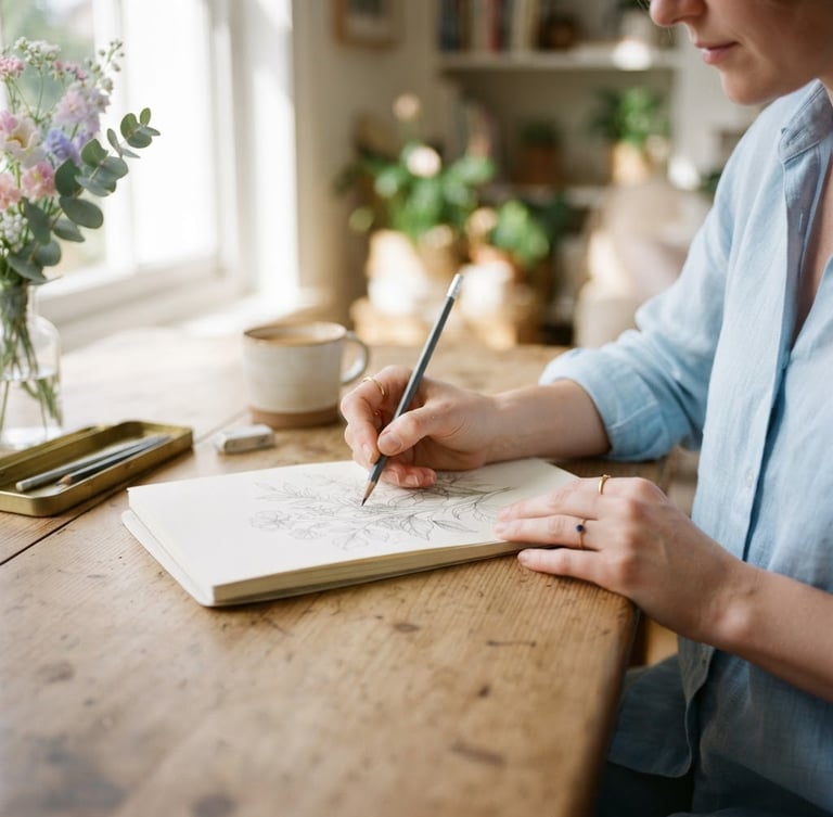 Bright lifestyle photography of a woman's hands sketching on a notepad at a sunlit wooden desk, soft natural daylight, cool pastel tones, shallow depth of field.