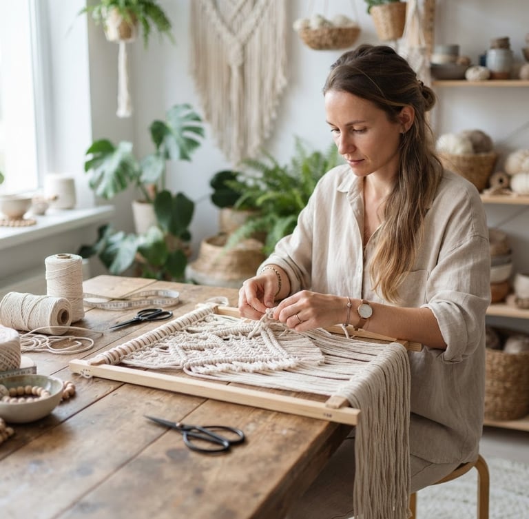 Wide panoramic 21:9 frame of female artisan's hands carefully weaving macrame at a wooden table, bright soft natural daylight, shallow depth of field, warm inviting atmosphere.