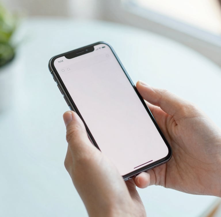 bright lifestyle photography, close up of hands holding a smartphone showing a simple clean search interface, soft natural daylight, cool pastel tones, shallow depth of field