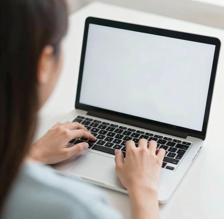 bright lifestyle photography, over-the-shoulder view of a woman working on a clean laptop screen, soft natural daylight, cool pastel tones, shallow depth of field