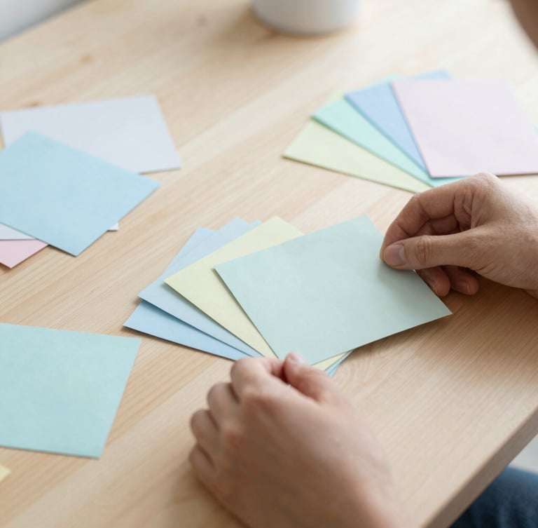 bright lifestyle photography, hands arranging physical craft materials and color swatches on a light wooden table, soft natural daylight, cool pastel tones, shallow depth of field