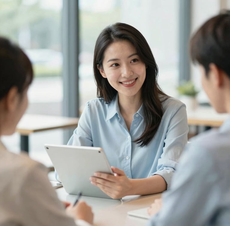 Portrait of a friendly female consultant pointing at a clean tablet screen while sitting with a client at a bright cafe, soft natural daylight, cool pastel tones, shallow depth of field.