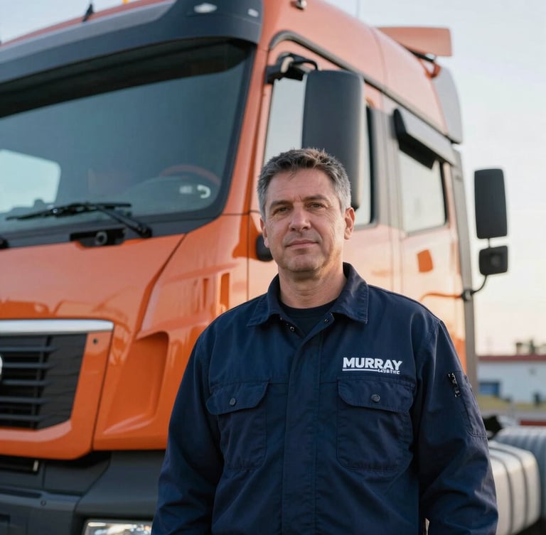 Close-up portrait of a professional Murray Logistics driver in a navy uniform standing beside a clean truck cab, morning daylight, sharp industrial focus