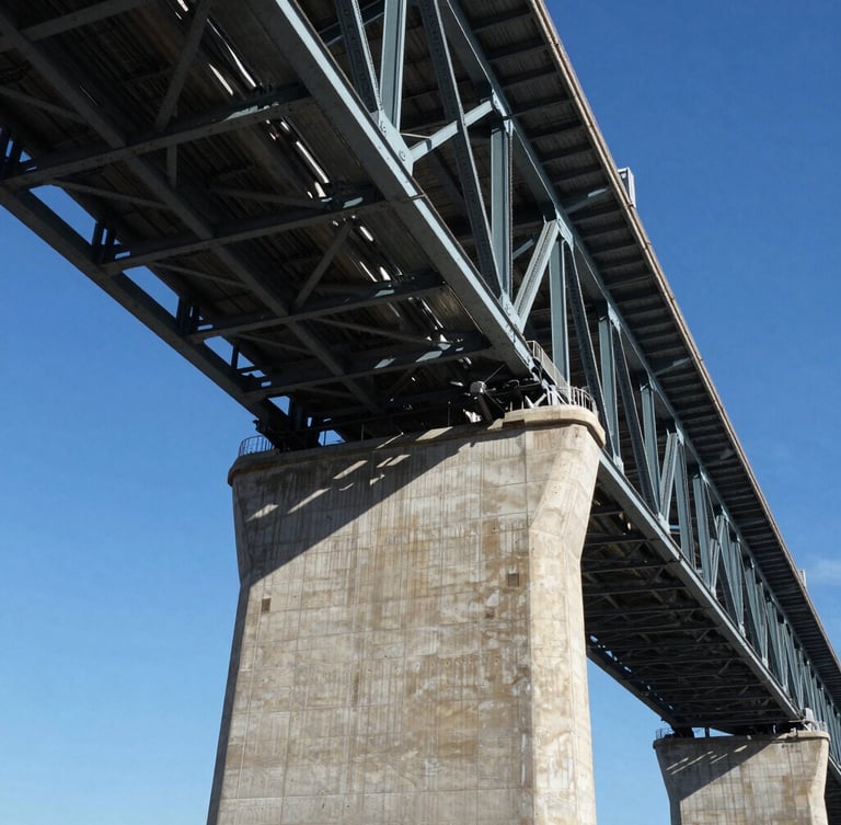 Wide-angle architectural shot of a massive concrete bridge pier and structural steel framework under high-contrast daylight with deep blue shadows.