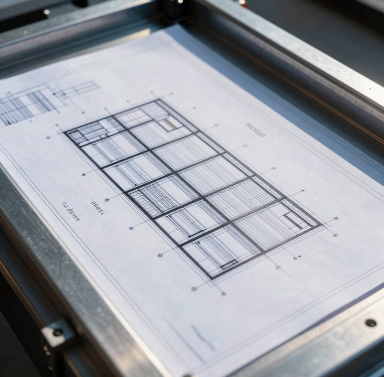 Close-up of technical engineering drawings and blueprints on a steel drafting table with high-contrast architectural lighting and metallic steel tones.