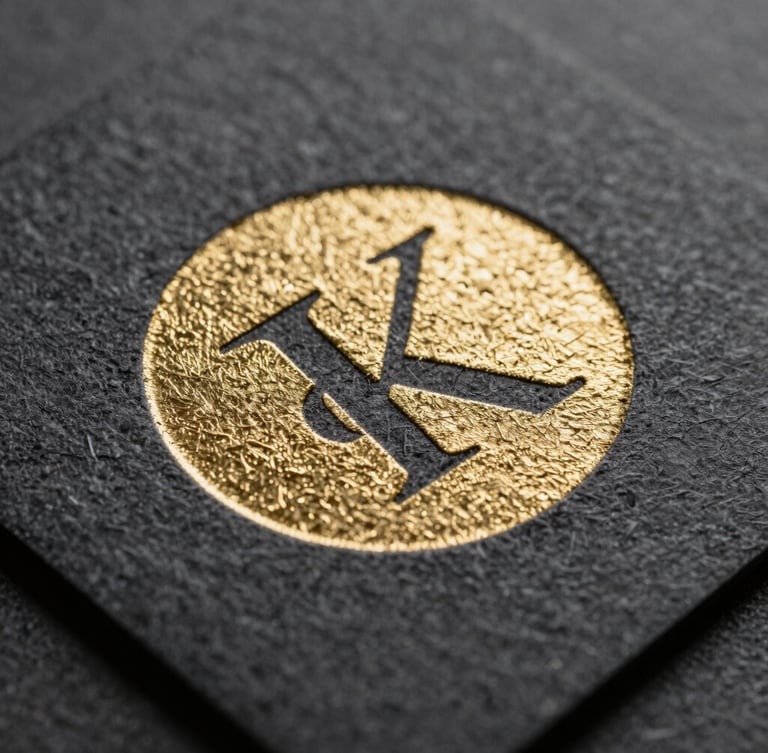 Extreme close-up macro shot of premium gold foil stamping embossed onto 300gsm textured charcoal cardstock, sharp dramatic studio lighting, deep shadows emphasizing tactile paper grain.