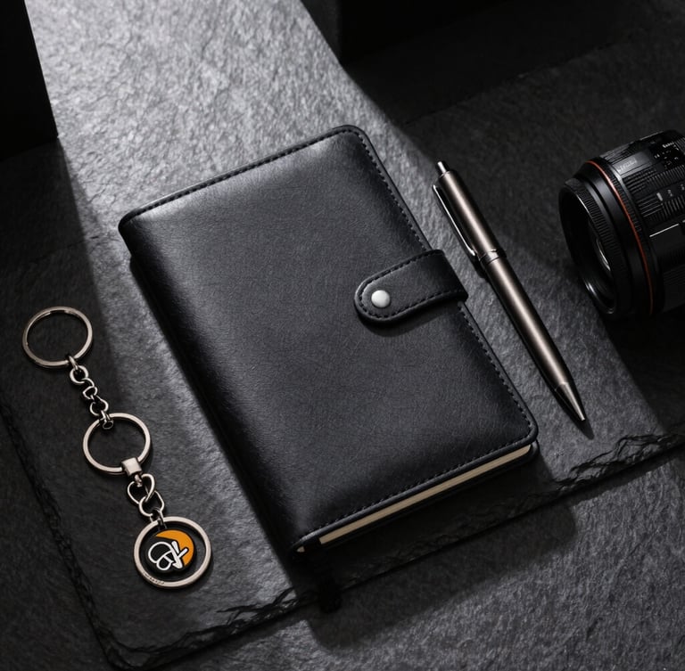 Top-down studio flat-lay of a premium corporate gift set, matte black leather diary, anodized aluminum pen, and custom keychains arranged geometrically on a dark slate surface, sharp architectural shadows, dramatic side lighting.
