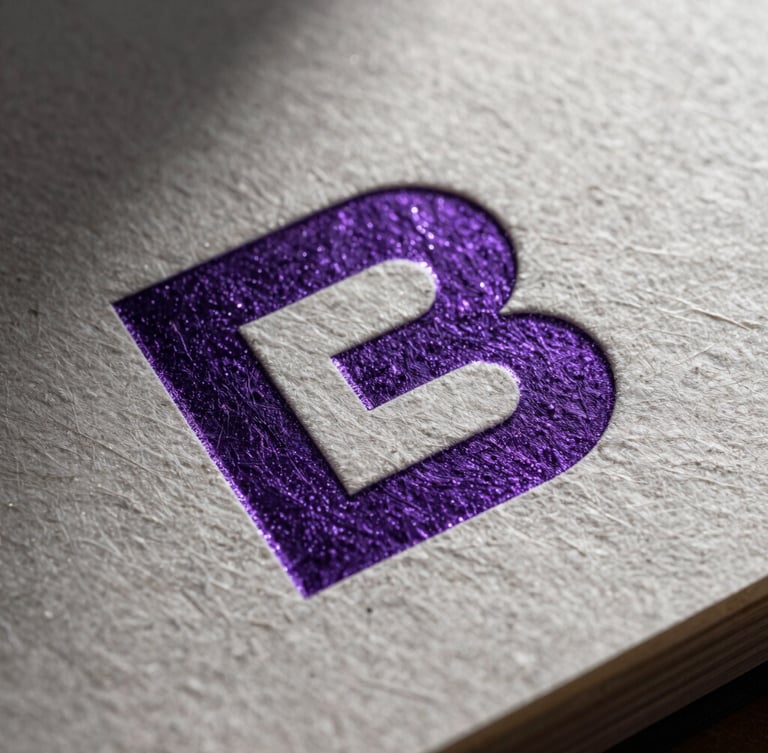 Extreme macro close-up of premium heavy-weight textured paper stock with embossed deep purple foil stamping, dramatic studio lighting with sharp shadows, high contrast, focus on tactile paper fibers.